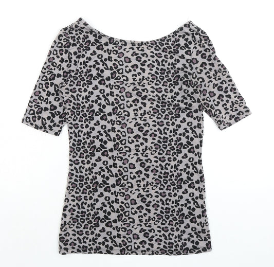 Oasis Womens Grey Animal Print Viscose Basic T-Shirt Size S Boat Neck - Low Back