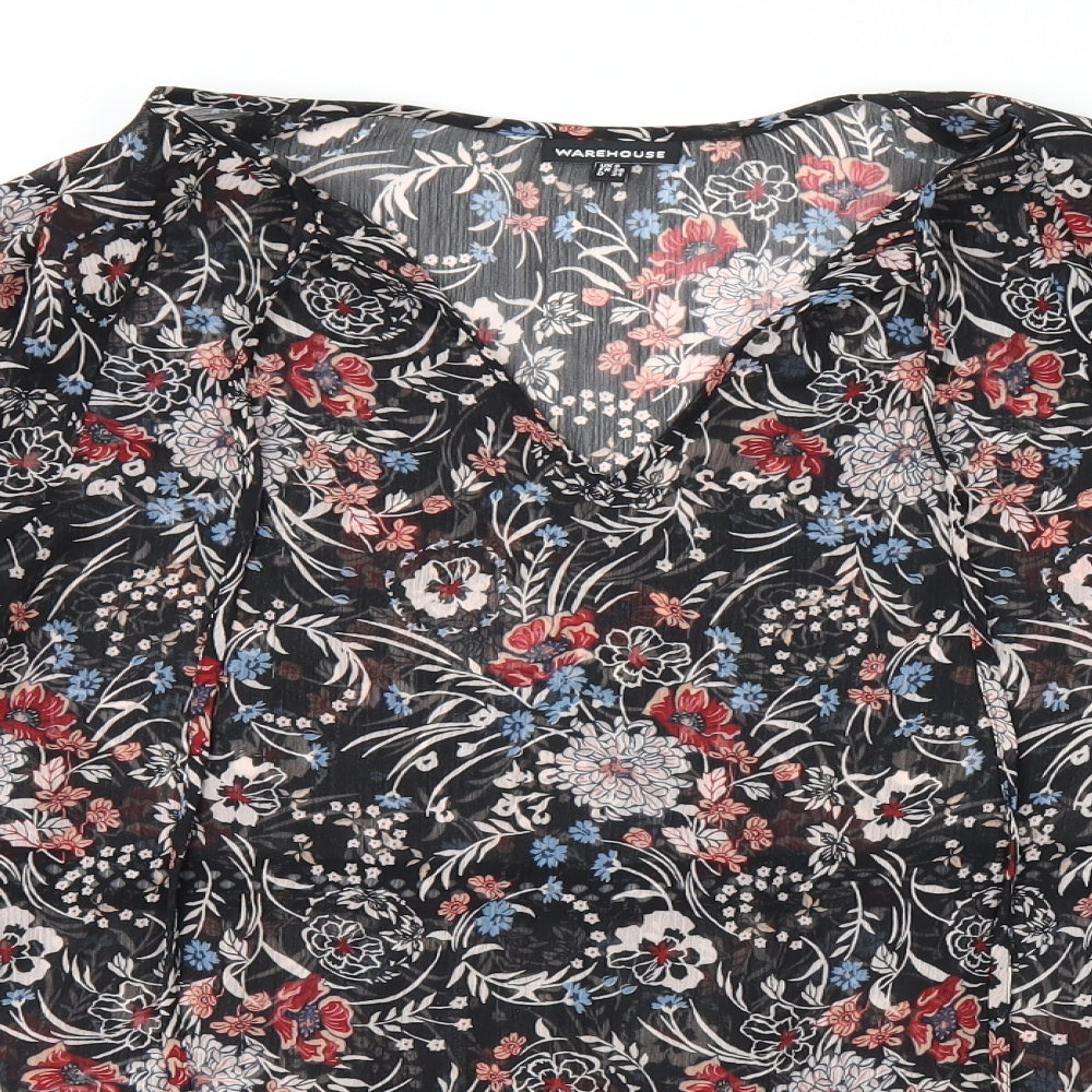 Warehouse Womens Black Floral Polyester Tunic Blouse Size 8 V-Neck