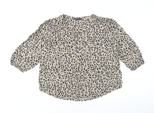 Marks and Spencer Womens Beige Animal Print Viscose Basic T-Shirt Size 12 V-Neck - Leopard Print