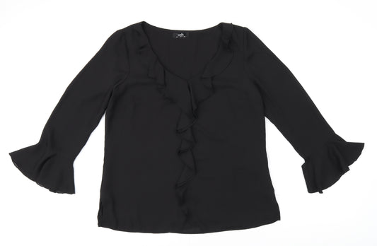 Wallis Womens Black Polyester Basic Blouse Size 10 V-Neck - Frill Detail