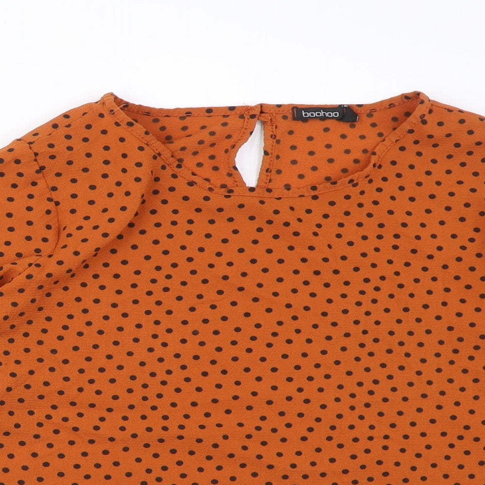 Boohoo Womens Orange Polka Dot Polyester Basic Blouse Size 12 Round Neck