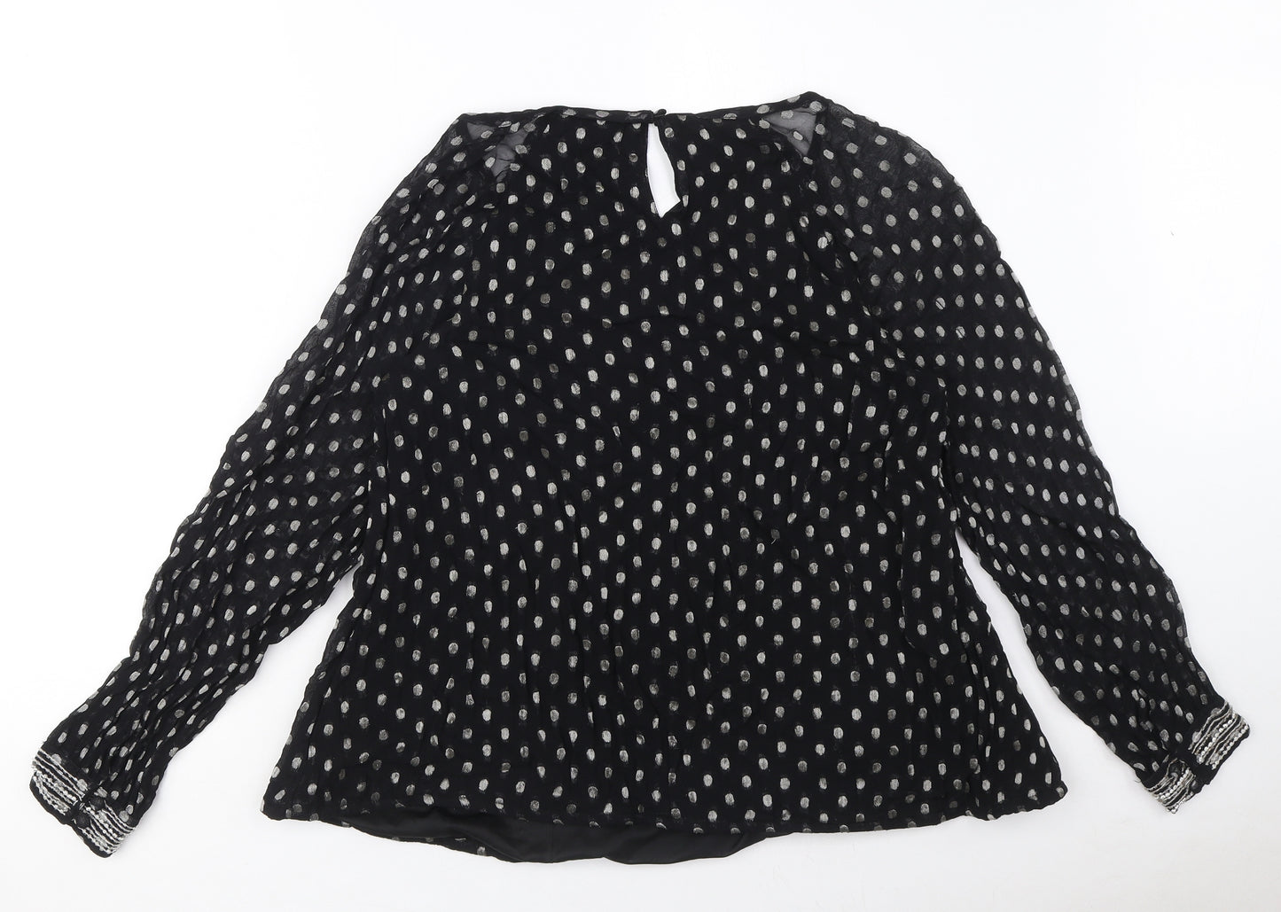 M&Co Womens Black Polka Dot Viscose Basic Blouse Size 12 Round Neck - Embellished Cuffs