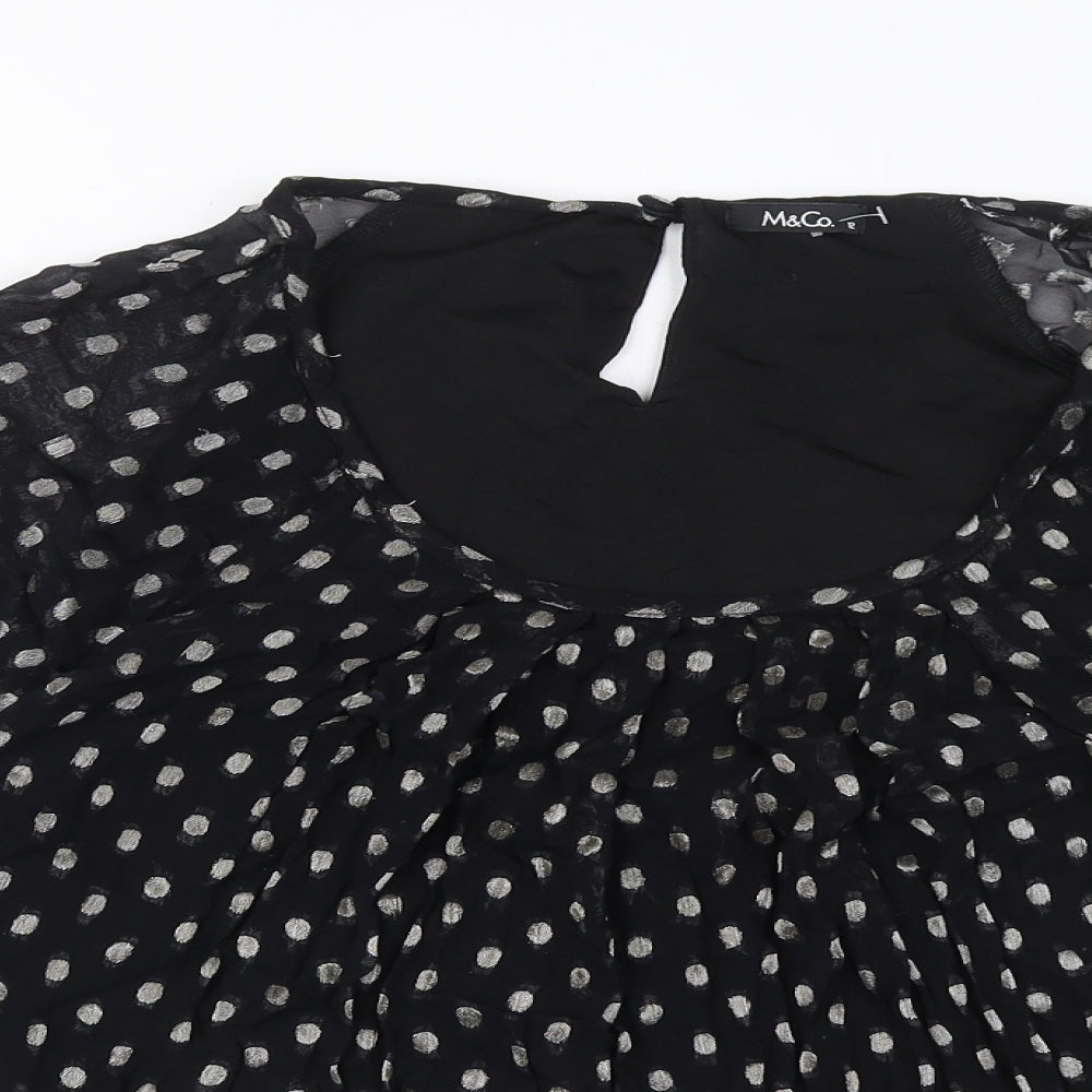 M&Co Womens Black Polka Dot Viscose Basic Blouse Size 12 Round Neck - Embellished Cuffs