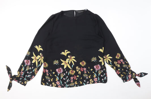 Dorothy Perkins Womens Black Floral Polyester Basic Blouse Size 12 Round Neck
