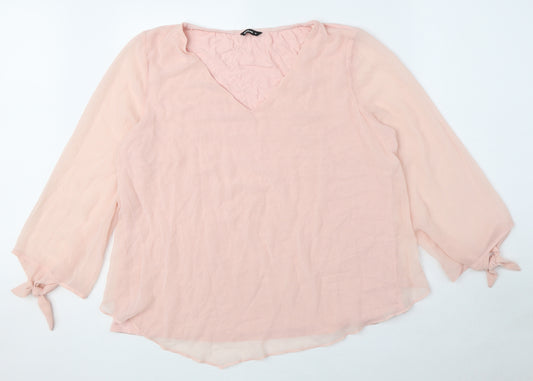 Roman Womens Pink Polyester Basic Blouse Size 16 V-Neck