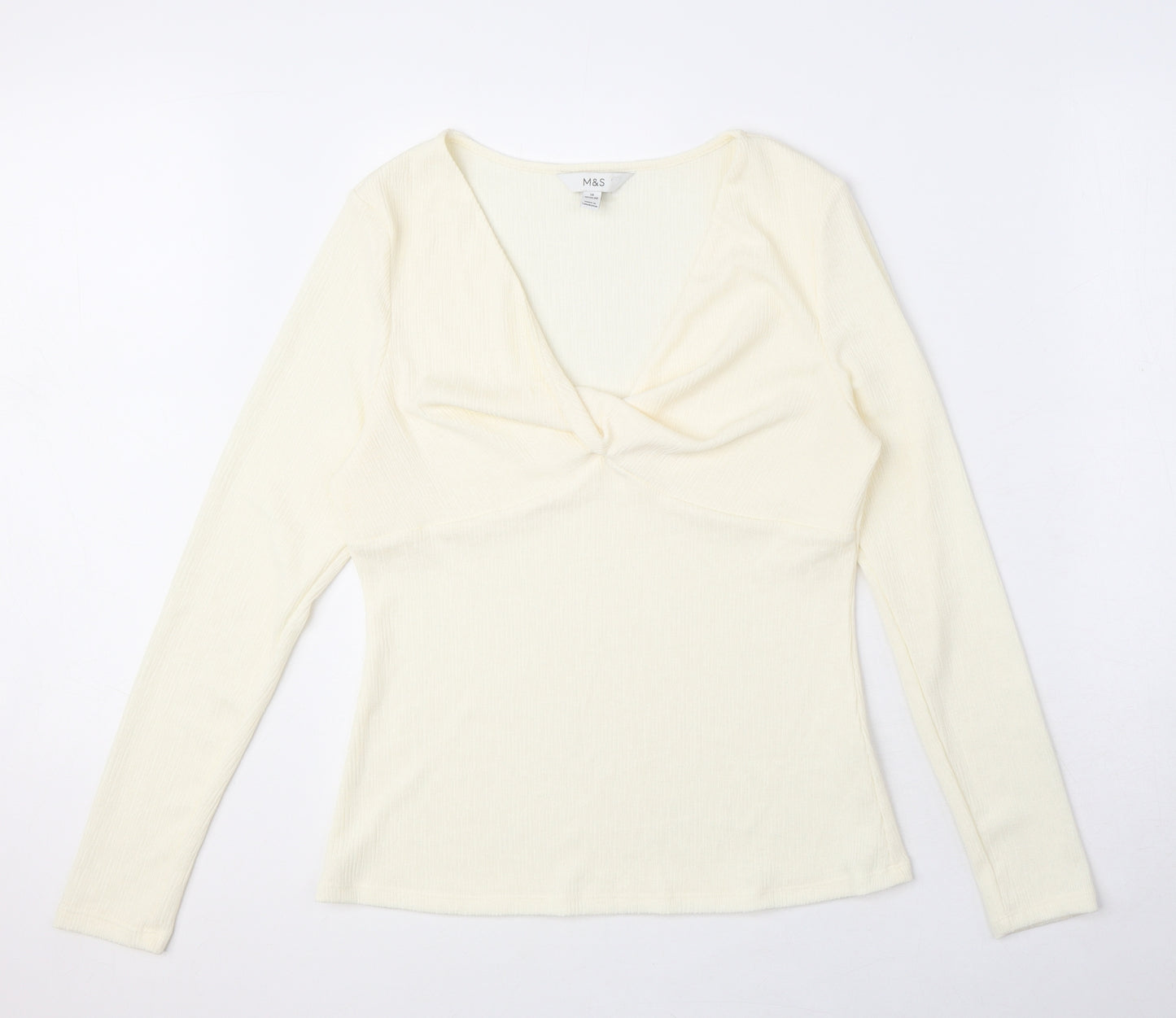 Marks and Spencer Womens Ivory Polyester Basic Blouse Size 14 V-Neck - Textured fabric, twist detail