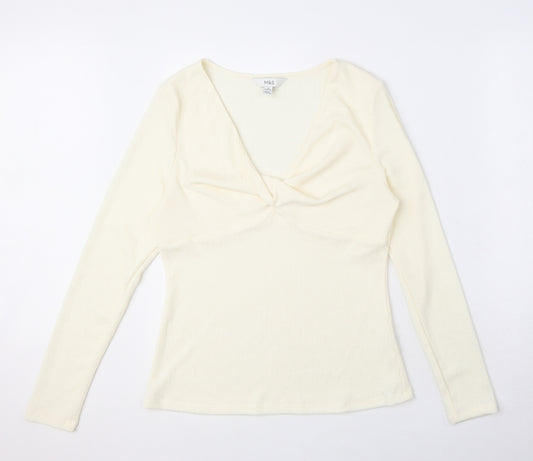 Marks and Spencer Womens Ivory Polyester Basic Blouse Size 14 V-Neck - Textured fabric, twist detail