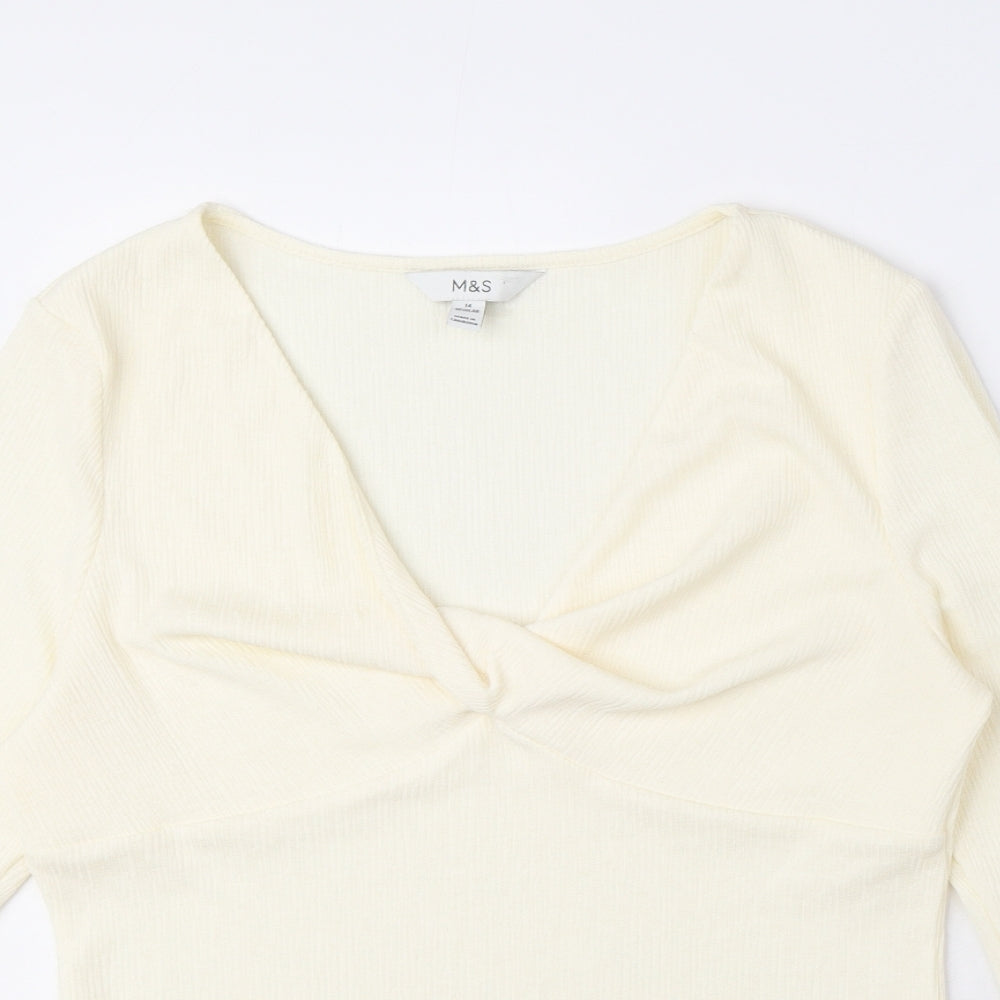 Marks and Spencer Womens Ivory Polyester Basic Blouse Size 14 V-Neck - Textured fabric, twist detail