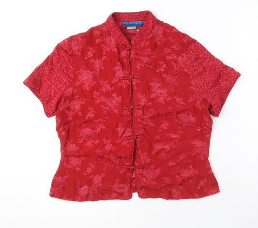 Monsoon Womens Red Floral Silk Basic Blouse Size 14 V-Neck