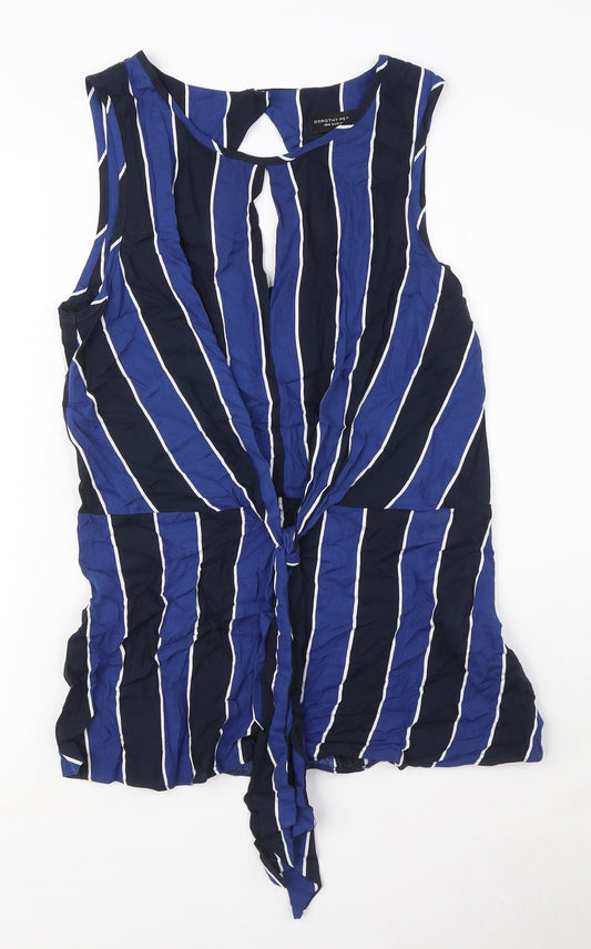 Dorothy Perkins Womens Blue Striped Viscose Basic Blouse Size 10 Round Neck - Tie Front