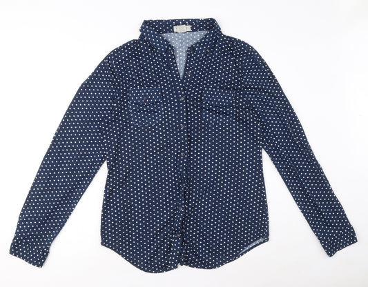 Passport Womens Blue Polka Dot Polyester Basic Button-Up Size L Collared