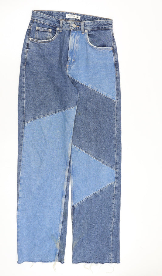 Pull&Bear Womens Blue Geometric Cotton Straight Jeans Size 10 L32 in Regular Zip