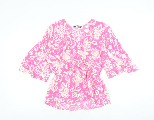 Marks and Spencer Womens Pink Floral Viscose Basic Blouse Size 10 V-Neck