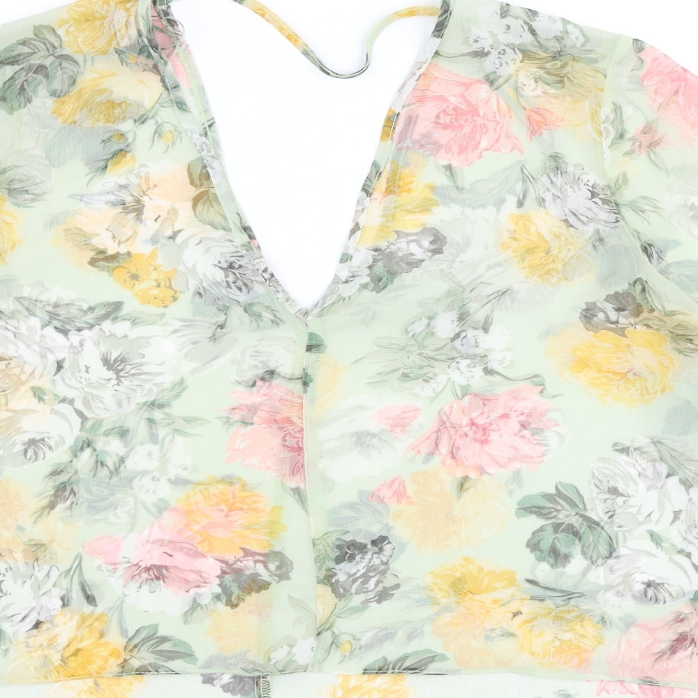 Miss Selfridge Womens Green Floral Polyester Basic Blouse Size 12 V-Neck