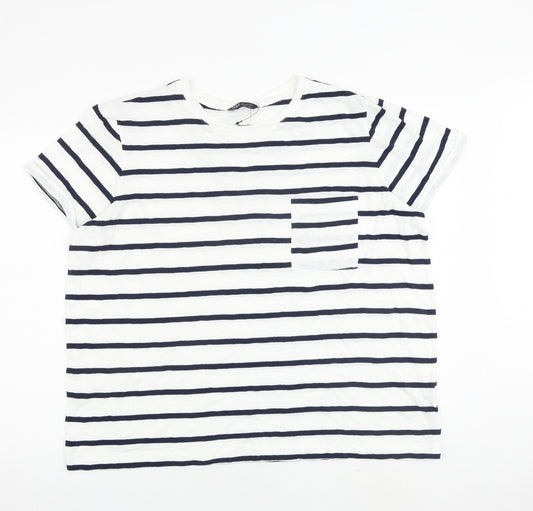 Marks and Spencer Womens White Striped 100% Cotton Basic T-Shirt Size 20 Round Neck