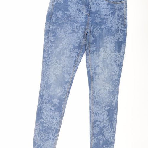 Marks and Spencer Womens Blue Floral Cotton Skinny Jeans Size 10 L28 in Regular Button