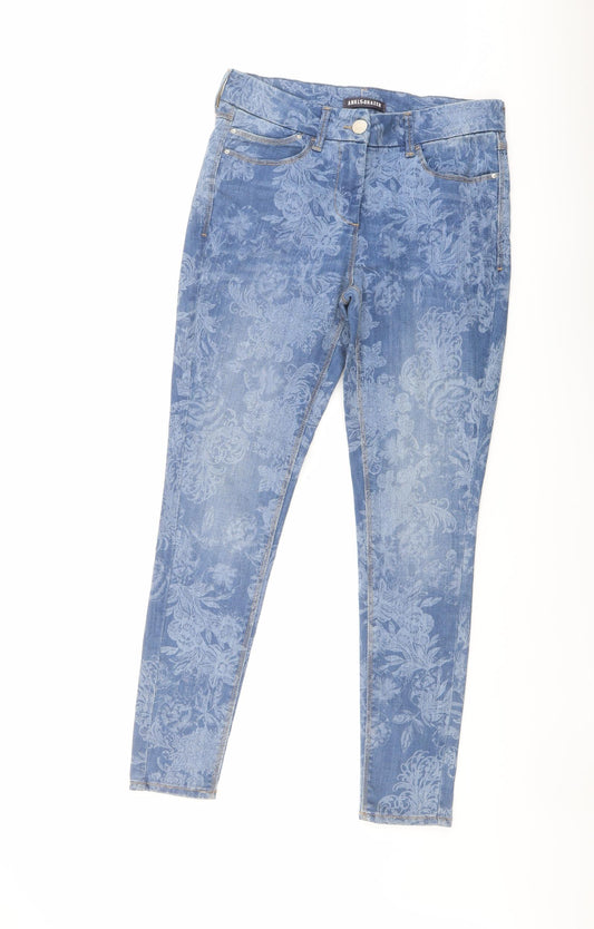 Marks and Spencer Womens Blue Floral Cotton Skinny Jeans Size 10 L28 in Regular Button