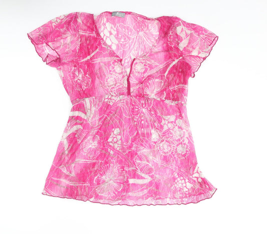 Per Una Womens Pink Floral Polyester Basic Blouse Size 14 V-Neck - Semi Sheer