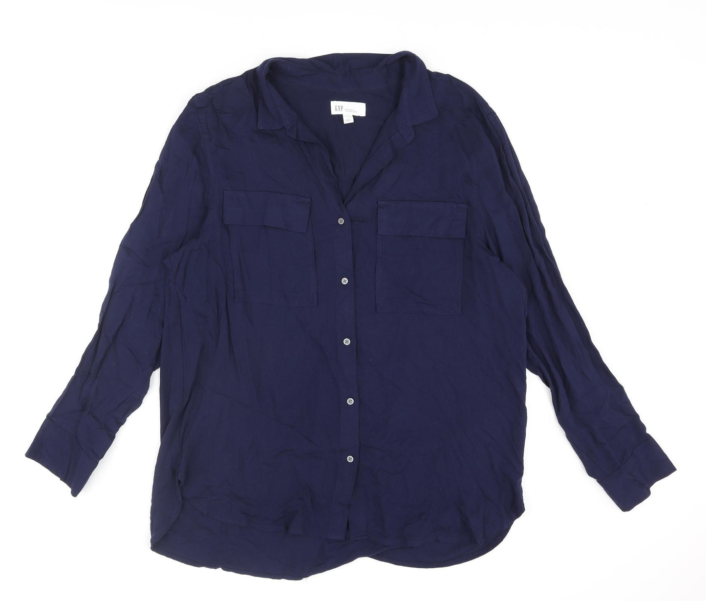 Gap Womens Blue Viscose Basic Button-Up Size L Collared - Boyfriend Fit