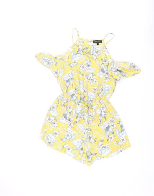 New Look Womens Yellow Floral Polyester Playsuit One-Piece Size 8 L3 in Button - Cold Shoulder Drawstring Waist