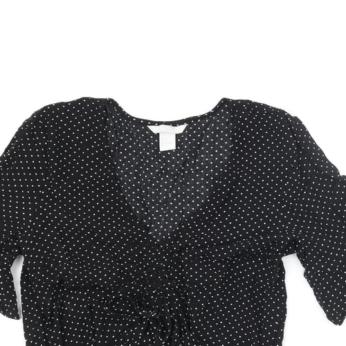 H&M Womens Black Polka Dot Viscose Basic Blouse Size 10 V-Neck - Rouched Frill Tie