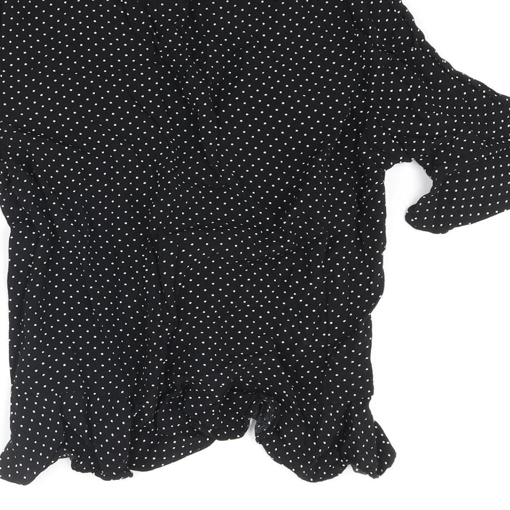 H&M Womens Black Polka Dot Viscose Basic Blouse Size 10 V-Neck - Rouched Frill Tie