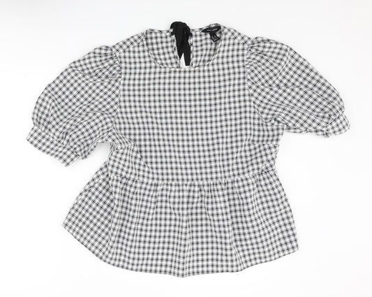 New Look Womens Black Check Polyester Basic Blouse Size 16 Round Neck - Peplum Frill Bow