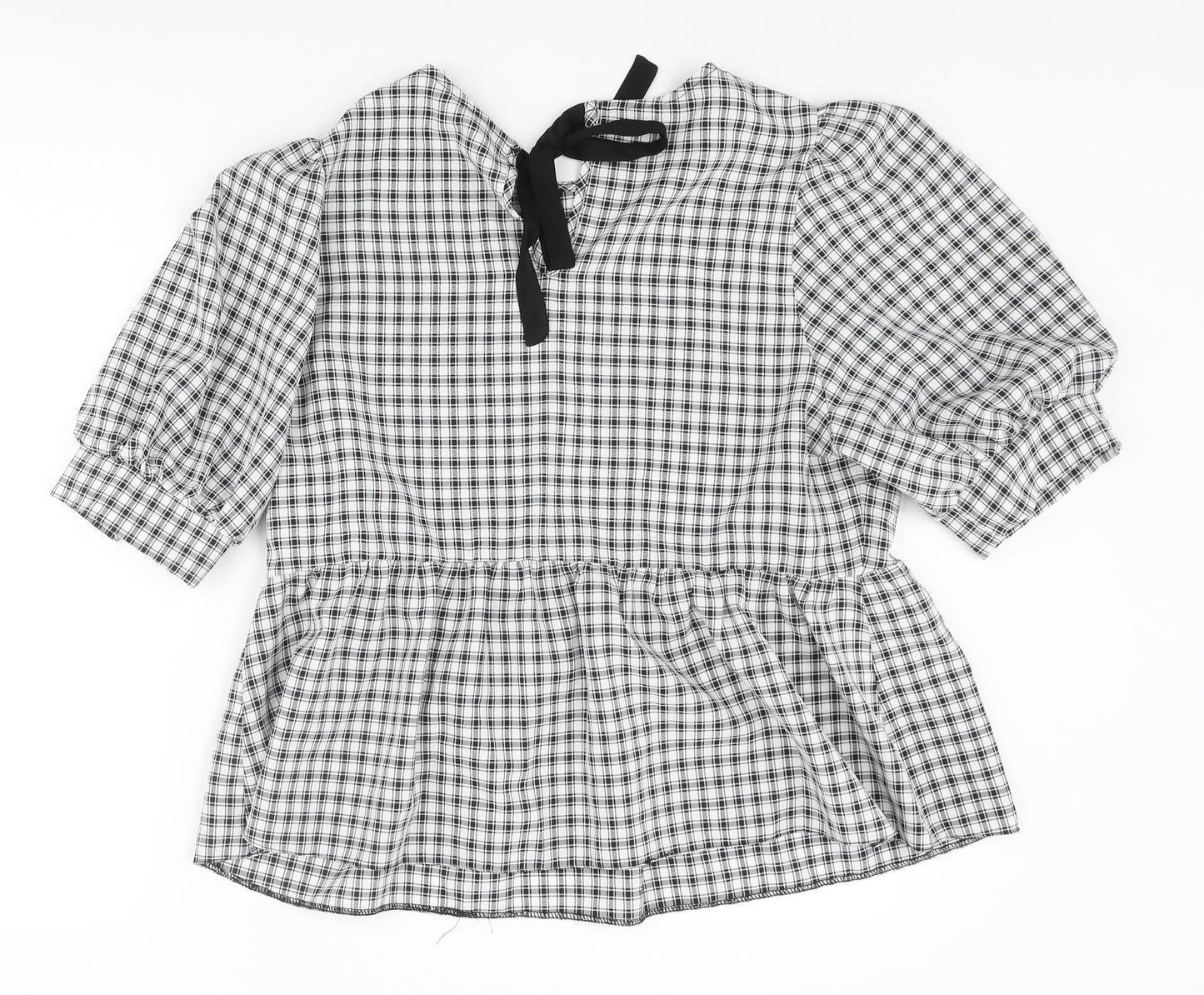 New Look Womens Black Check Polyester Basic Blouse Size 16 Round Neck - Peplum Frill Bow