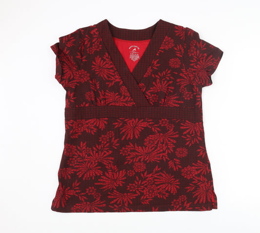 White Stag Womens Red Floral Cotton Basic T-Shirt Size XL V-Neck - Wrap Front