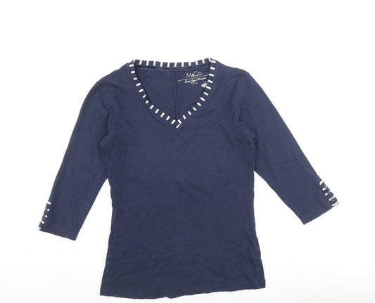 M&Co Womens Blue Cotton Basic T-Shirt Size 12 V-Neck - Stripe Neck