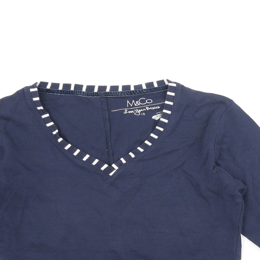 M&Co Womens Blue Cotton Basic T-Shirt Size 12 V-Neck - Stripe Neck