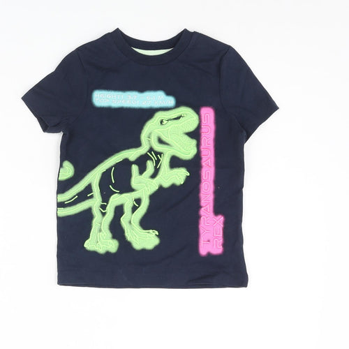 Marks and Spencer Boys Blue Cotton Basic T-Shirt Size 2-3 Years Collared Pullover - Neon Tyranosaurus Rex