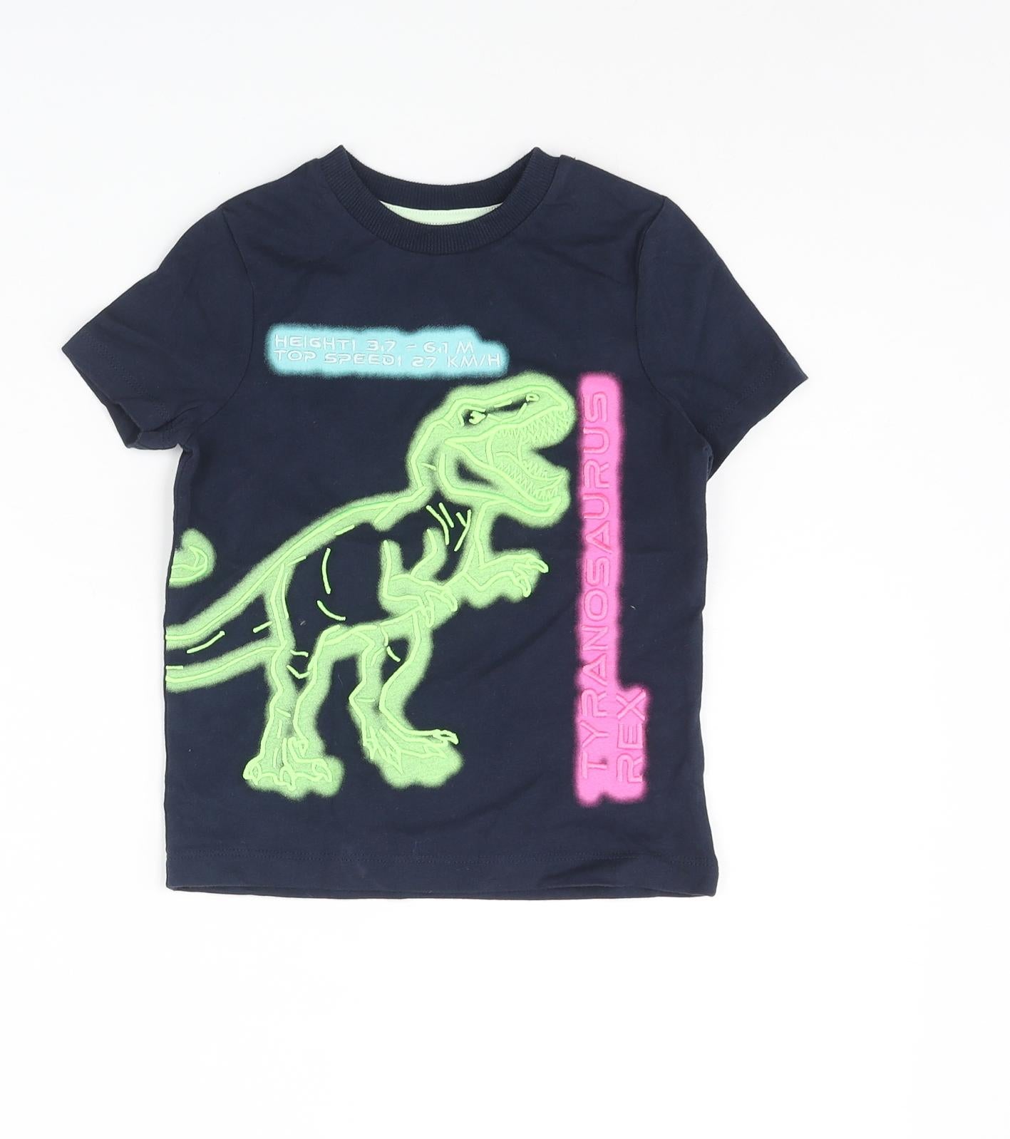 Marks and Spencer Boys Blue Cotton Basic T-Shirt Size 2-3 Years Collared Pullover - Neon Tyranosaurus Rex