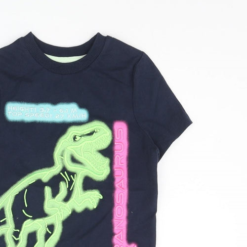 Marks and Spencer Boys Blue Cotton Basic T-Shirt Size 2-3 Years Collared Pullover - Neon Tyranosaurus Rex