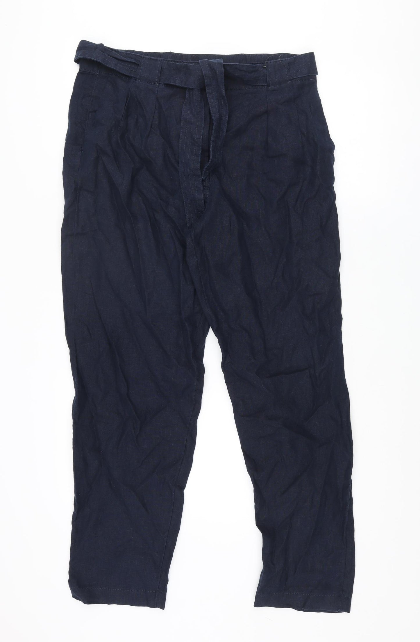 Marks and Spencer Womens Blue Linen Trousers Size 14 L29 in Regular Zip - Belted