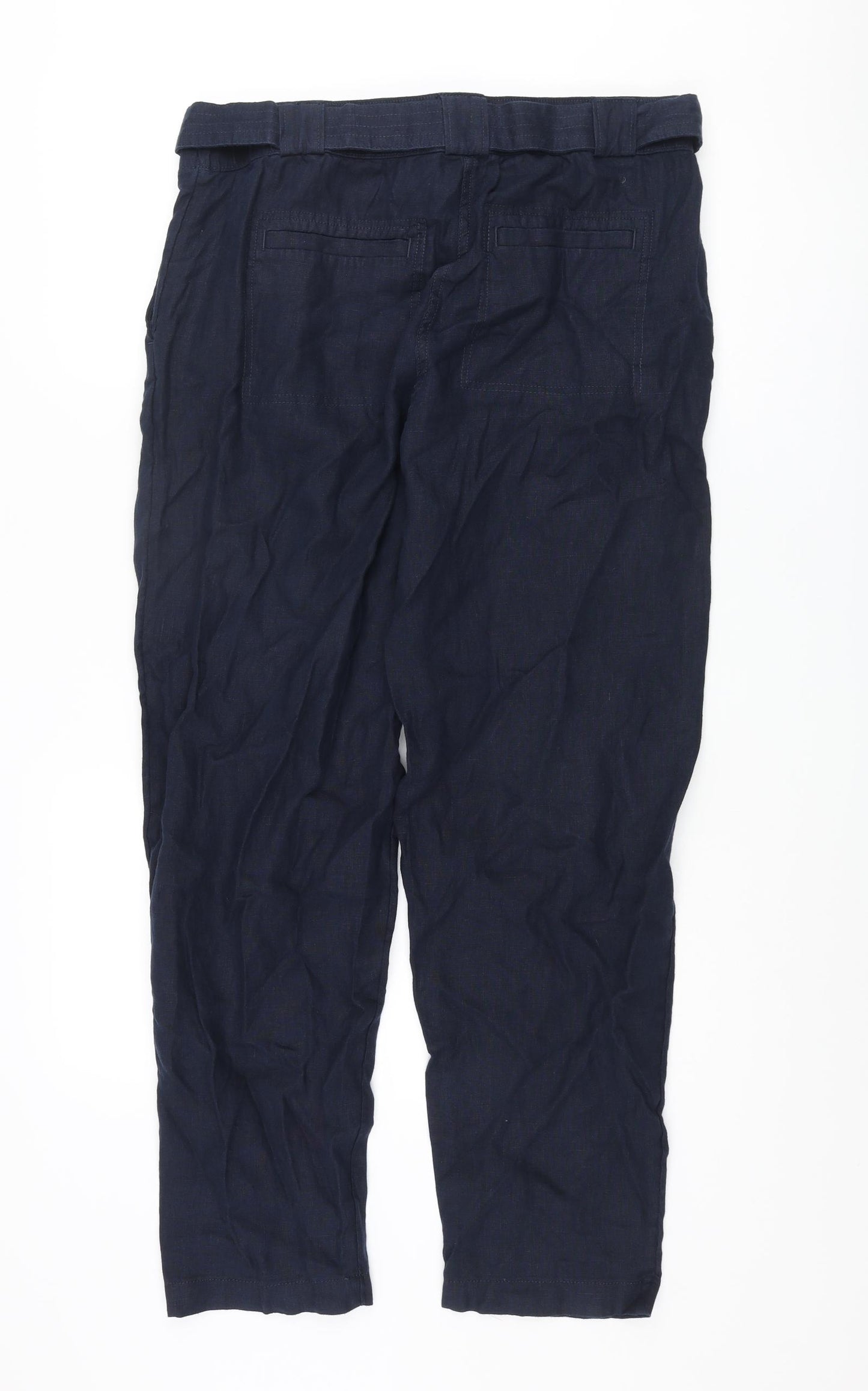 Marks and Spencer Womens Blue Linen Trousers Size 14 L29 in Regular Zip - Belted