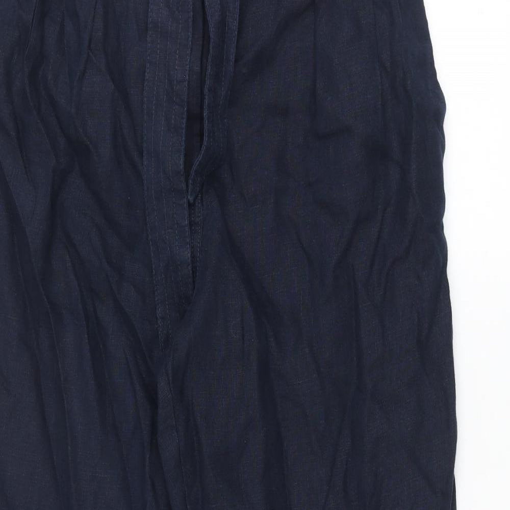 Marks and Spencer Womens Blue Linen Trousers Size 14 L29 in Regular Zip - Belted