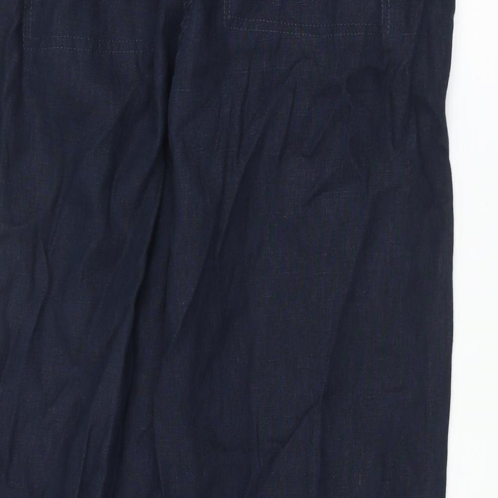 Marks and Spencer Womens Blue Linen Trousers Size 14 L29 in Regular Zip - Belted