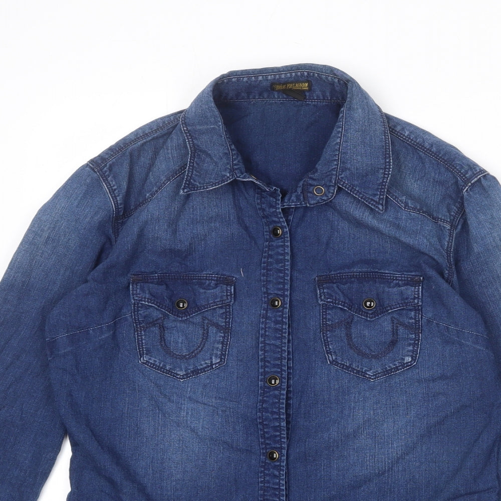 True Religion Womens Blue 100% Cotton Basic Button-Up Size XS Collared