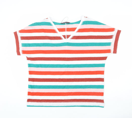 Marks and Spencer Womens Multicoloured Striped Linen Basic T-Shirt Size 12 V-Neck
