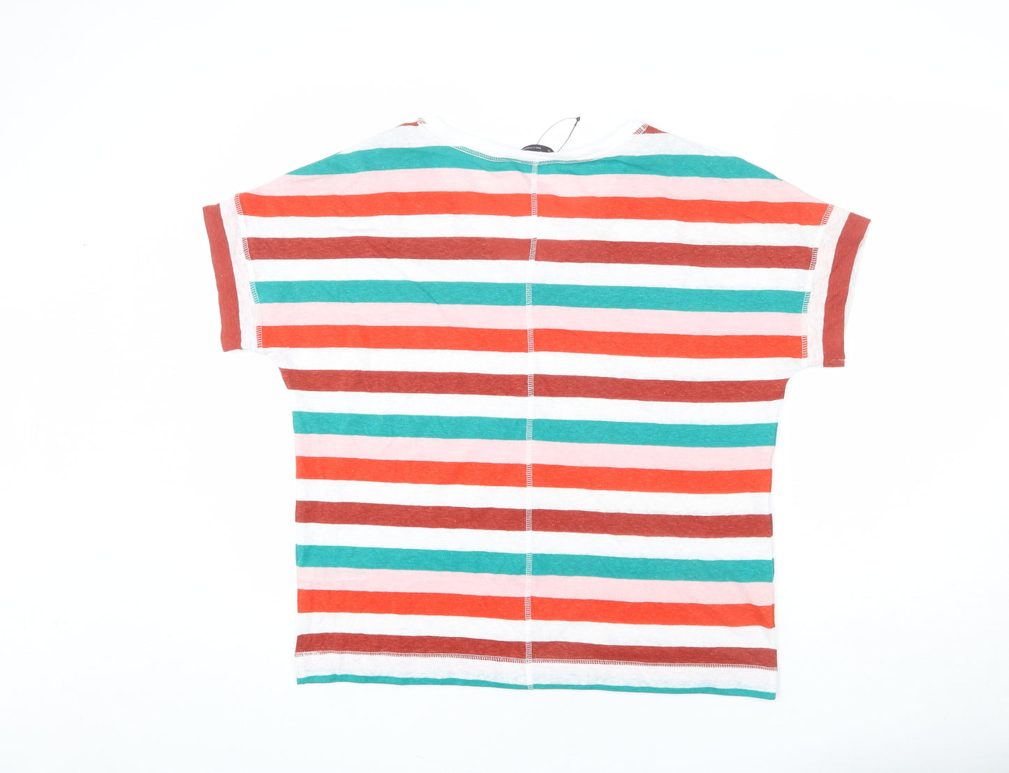 Marks and Spencer Womens Multicoloured Striped Linen Basic T-Shirt Size 12 V-Neck