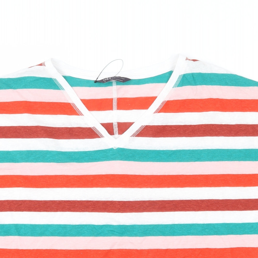 Marks and Spencer Womens Multicoloured Striped Linen Basic T-Shirt Size 12 V-Neck