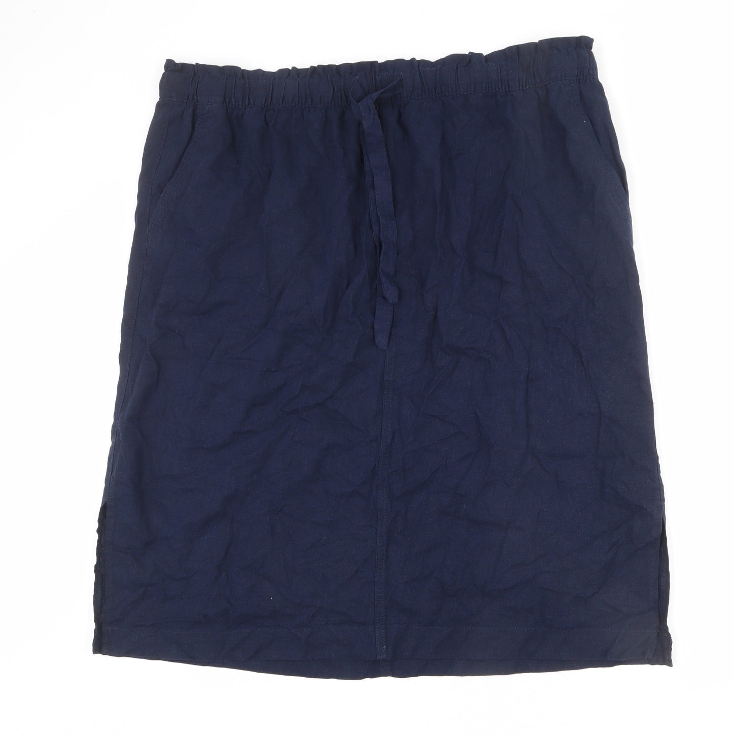 Marks and Spencer Womens Blue Linen A-Line Skirt Size 24 - Side Slits, Tie Details, Elastic Waist