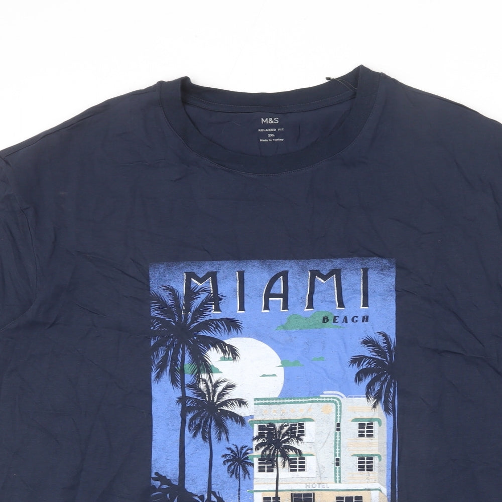 Marks and Spencer Mens Blue Cotton T-Shirt Size 2XL Round Neck - Miami Beach