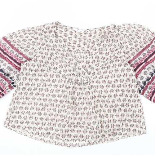 Per Una Womens Beige Floral Cotton Basic Blouse Size M V-Neck - Geometric Detailing