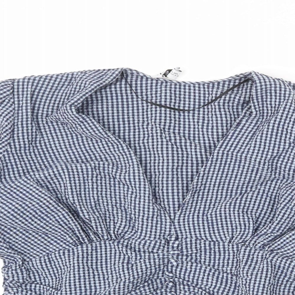 Zara Womens Black Check Cotton Cropped Blouse Size M V-Neck