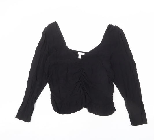 H&M Womens Black Viscose Basic Blouse Size L V-Neck - Shirred Back