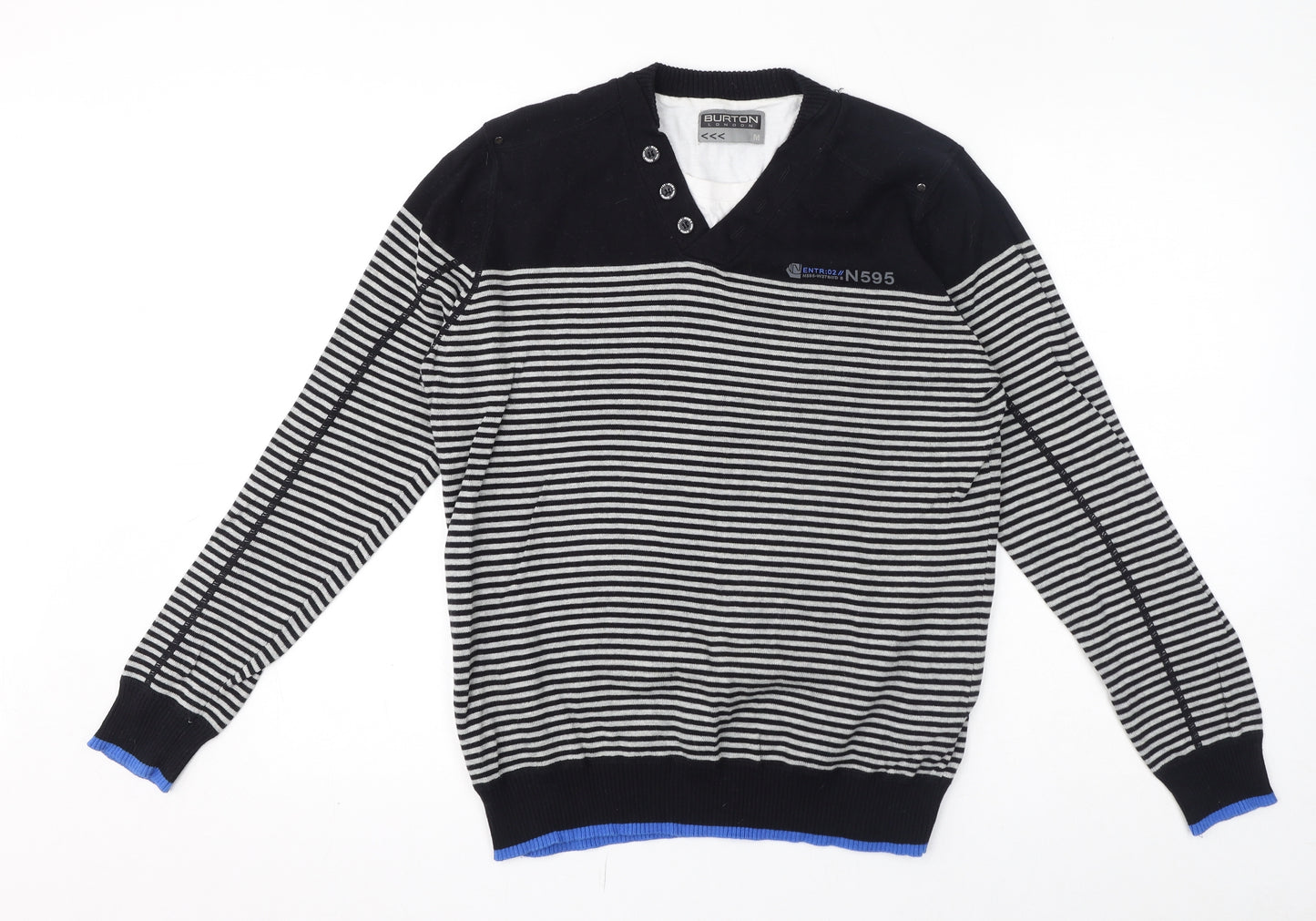 Burton Mens Black V-Neck Striped Cotton Pullover Jumper Size M Long Sleeve