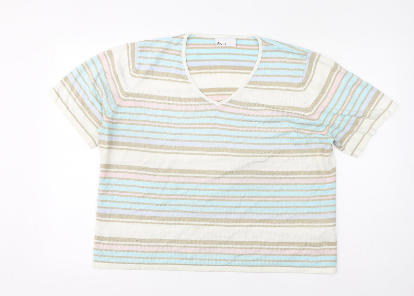 BHS Womens Blue Striped Acrylic Basic T-Shirt Size 20 V-Neck - Multicolour