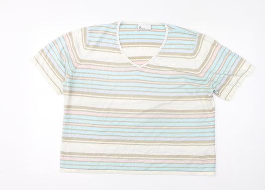 BHS Womens Blue Striped Acrylic Basic T-Shirt Size 20 V-Neck - Multicolour